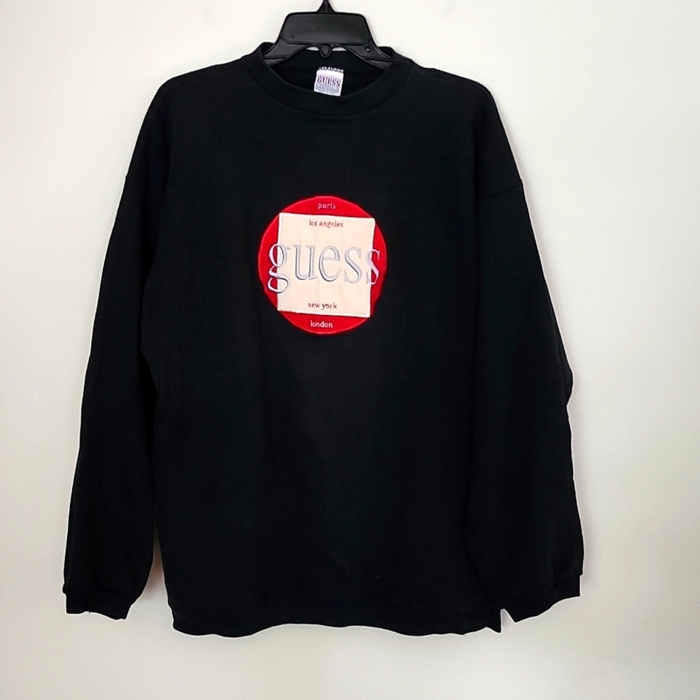 Vintage Guess crewneck sweatshirt big logo large black lounge unisex 90s USA mad